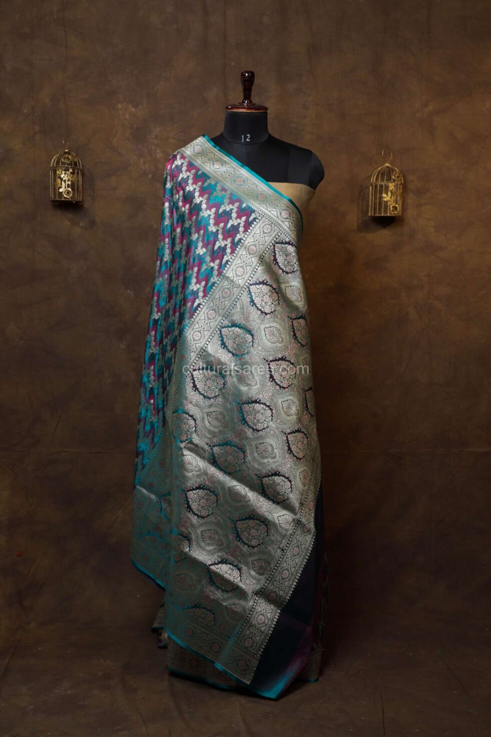 Majestic Peacock Blue banarasi eang kart silk saree with silver zari border and beautifull silver zari achal
