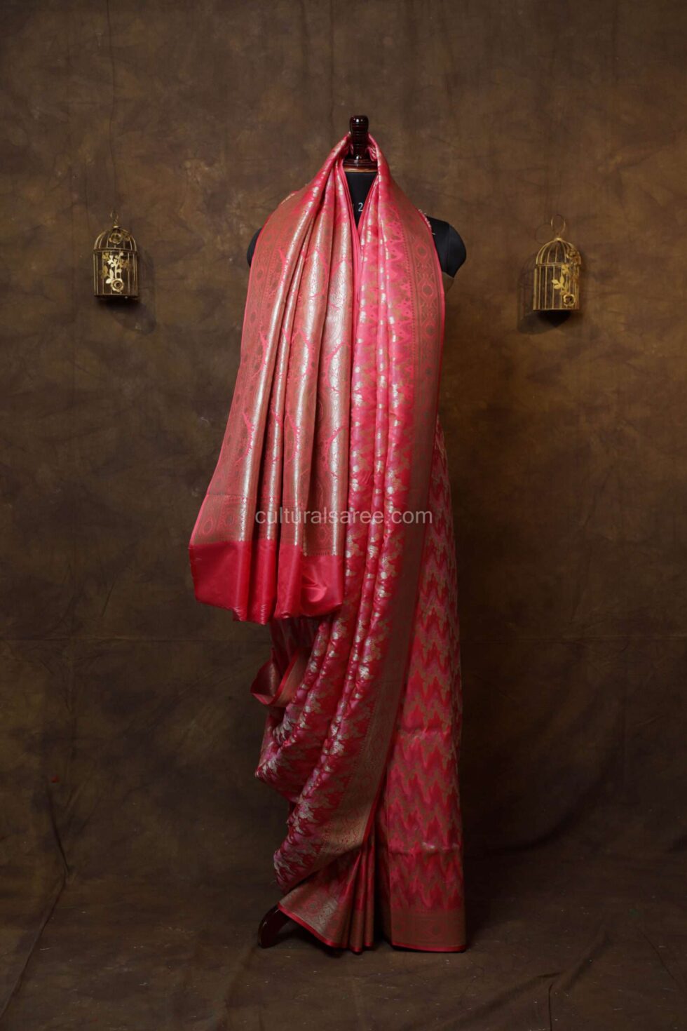 Pastel red banarasi rang kart silk saree with silver border