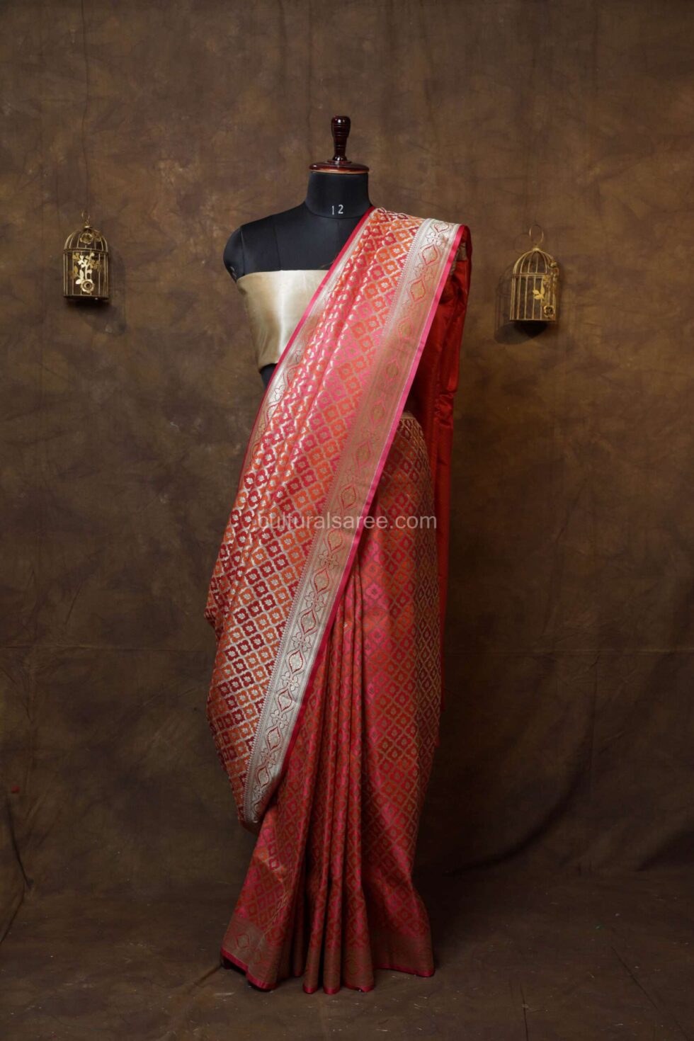 Pastel pink peach banarasi rang kart silk saree
