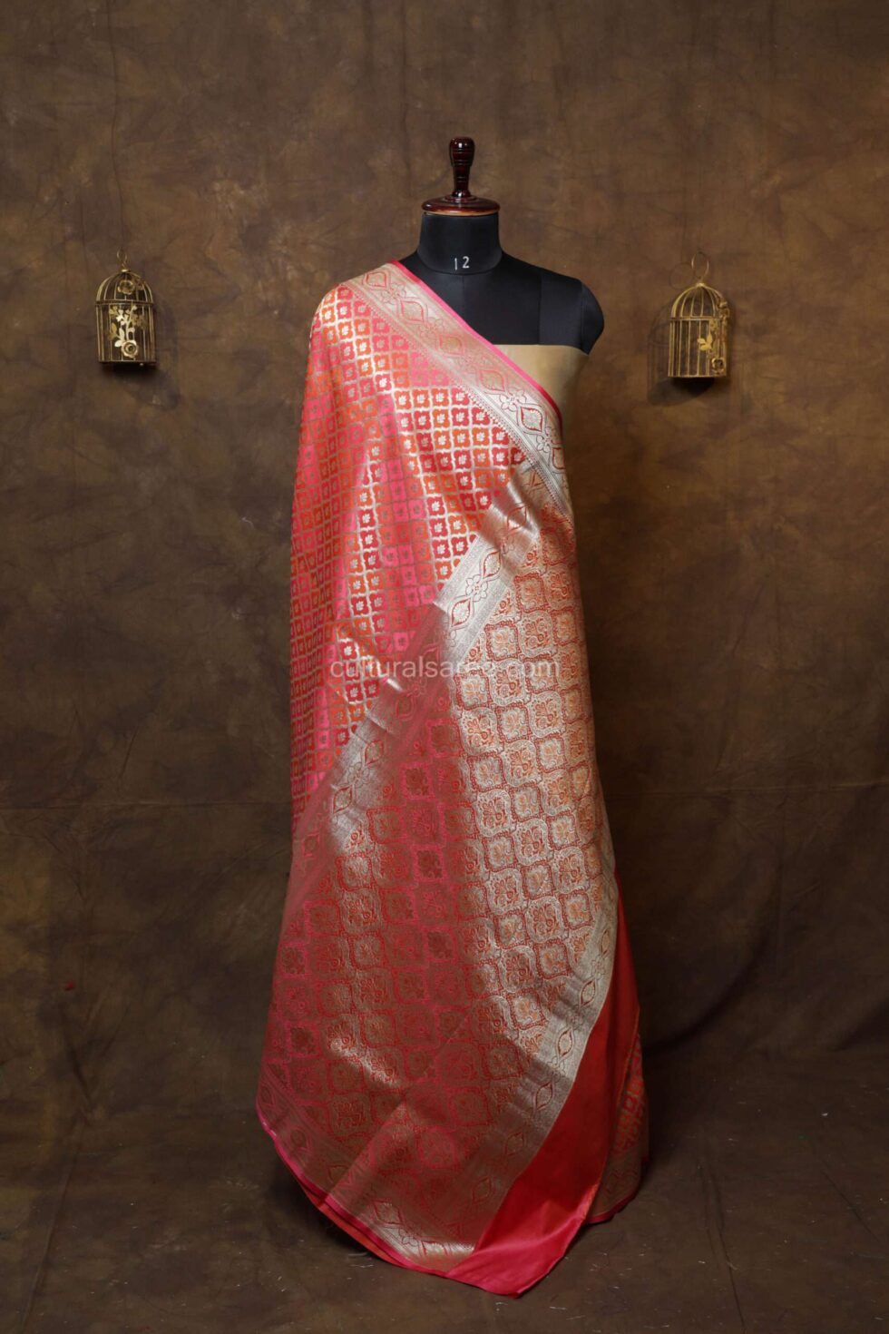 Pastel pink peach banarasi rang kart silk saree with silver zari border and achal