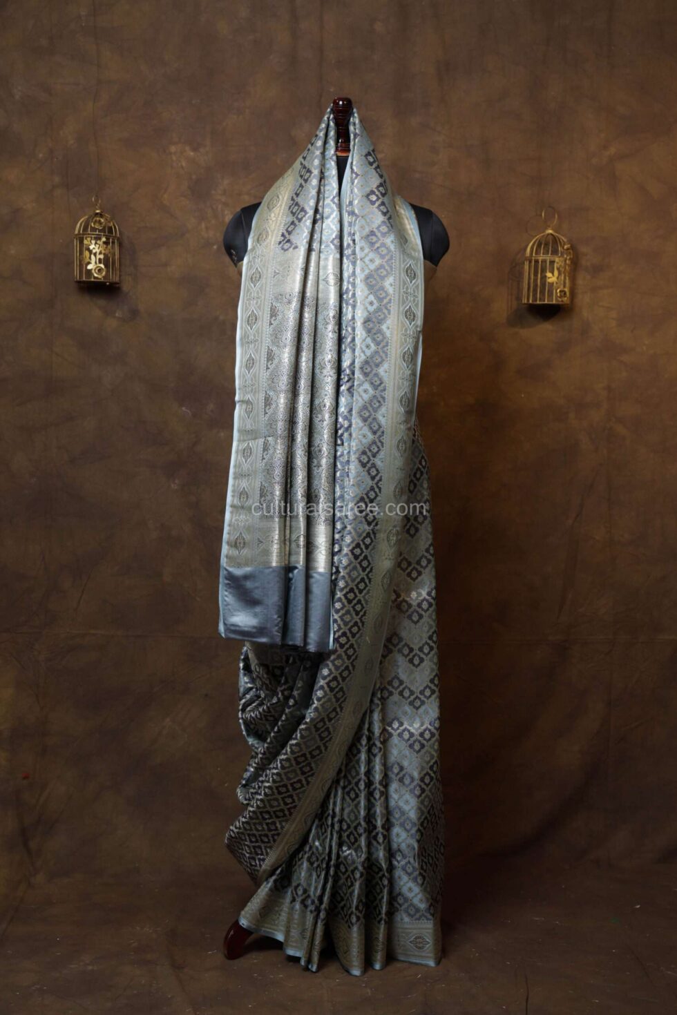 pastel gray banarasi rang kart silk saree with silver border