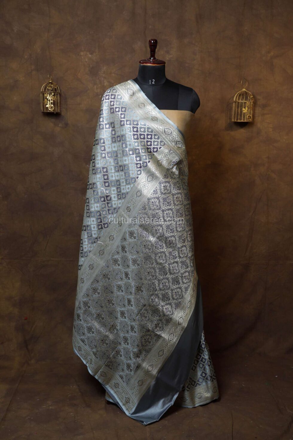 pastel gray banarasi rang kart silk saree with silver zari border and achal
