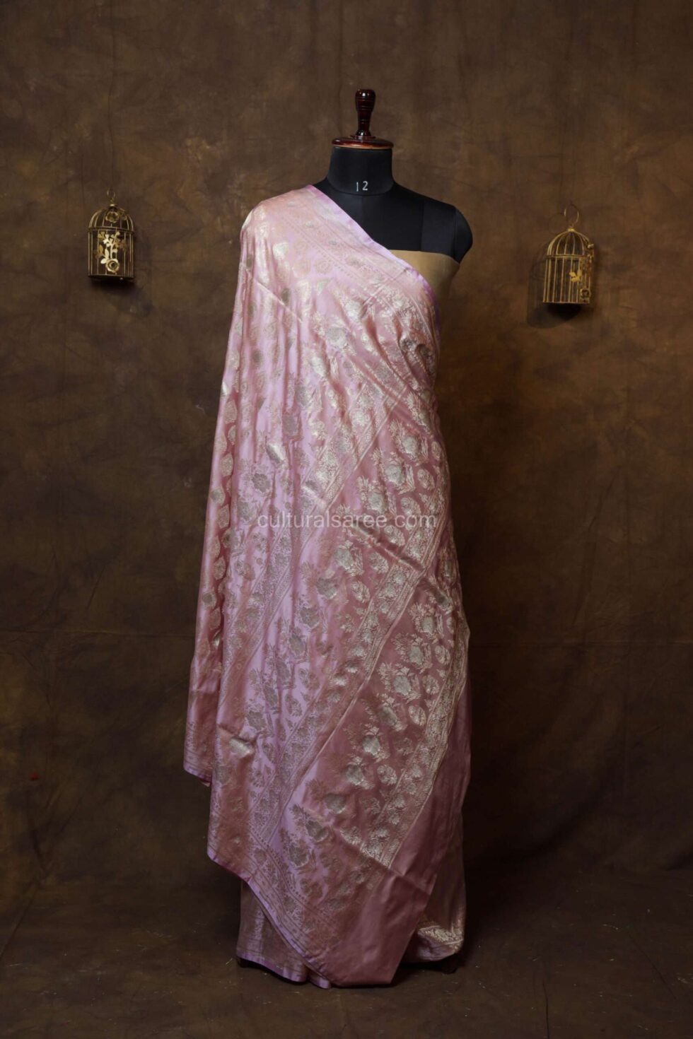 Pastel Pink banarasi silk saree with floral acchal