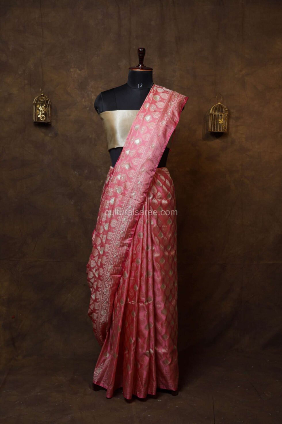 Flamingo pink zariwork Silk jal saree