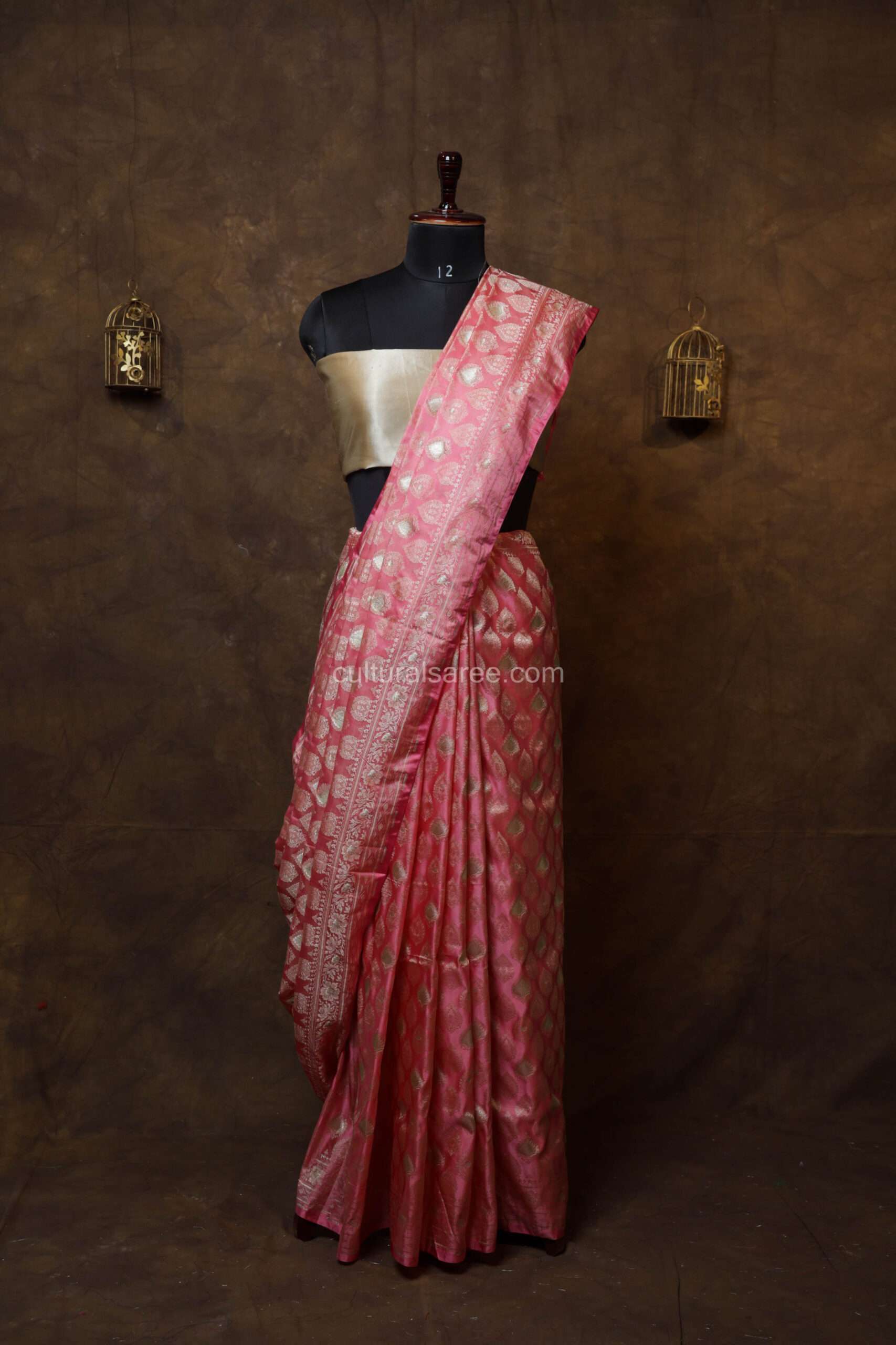 Flamingo pink zariwork Silk jal saree
