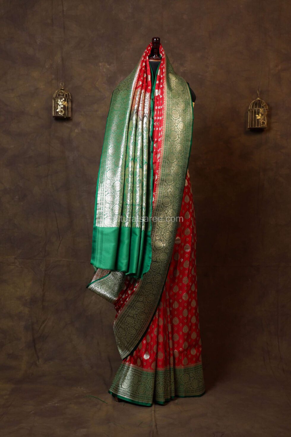 Ruby Red Minakari Banarasi Satin Saree with floral golden border