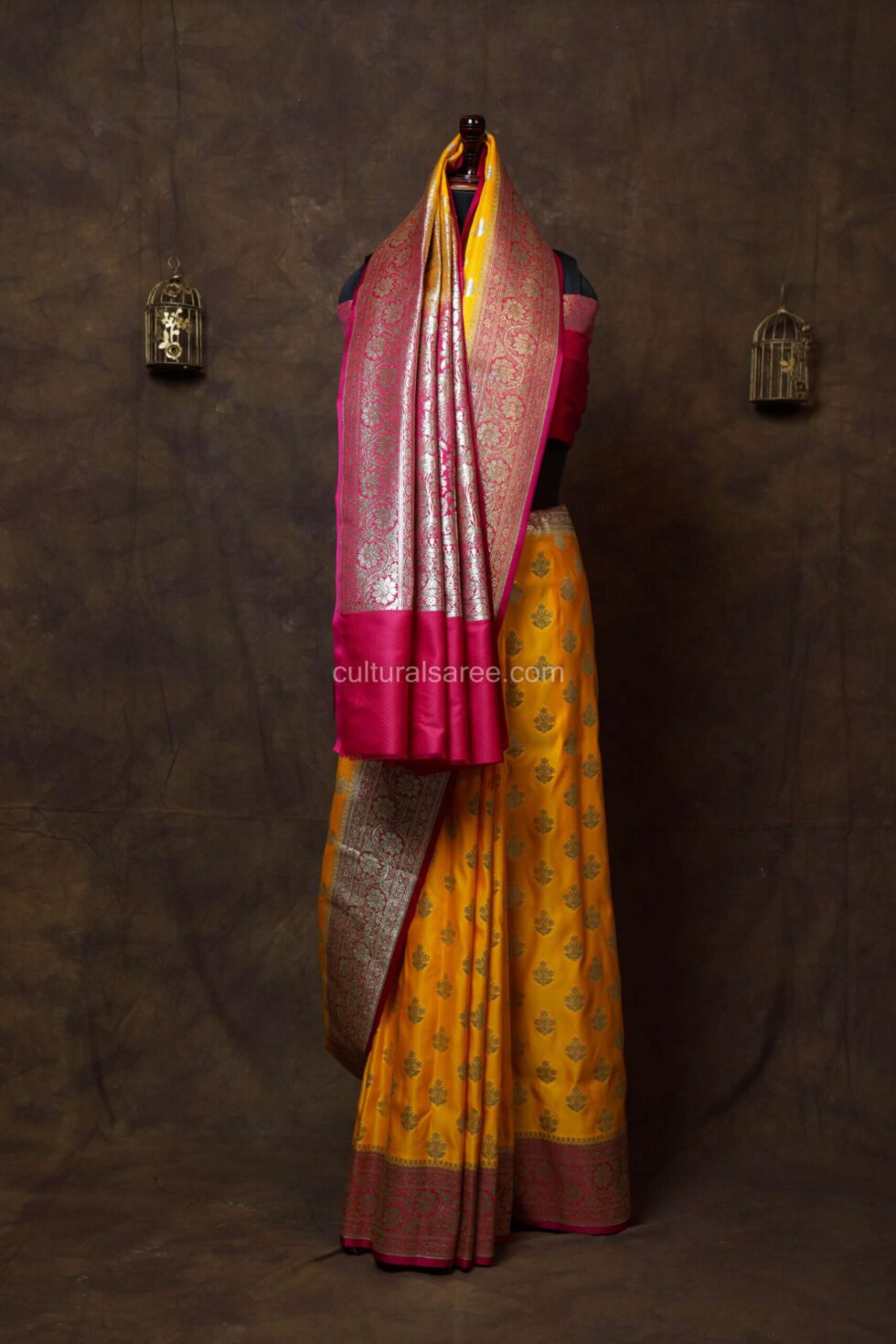 Royal Yellow Minakari Bararasi Satin Saree with beautiful minakari ork on border