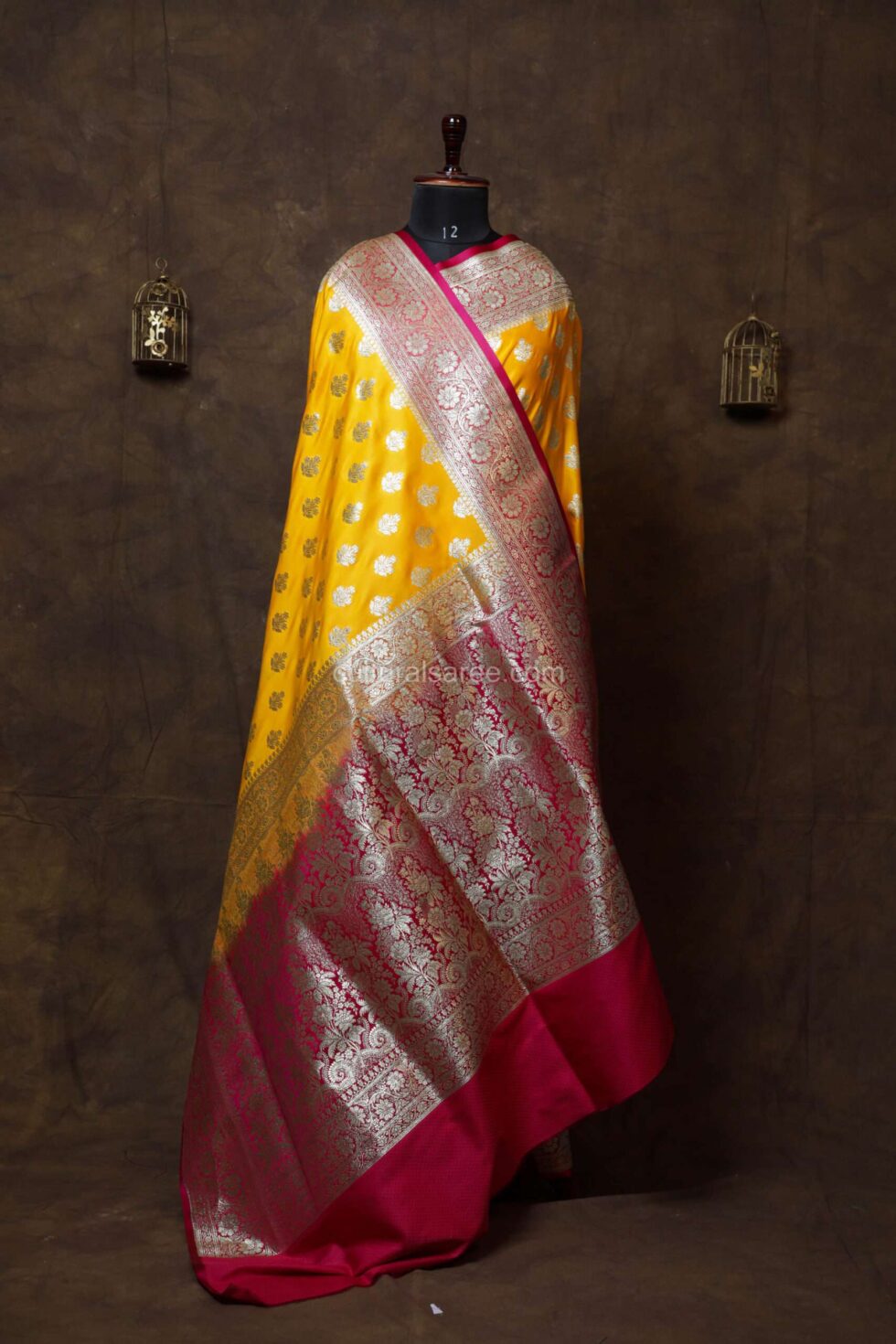 Royal Yellow Minakari Bararasi Satin Saree with beautiful minakari ork on border and on achal