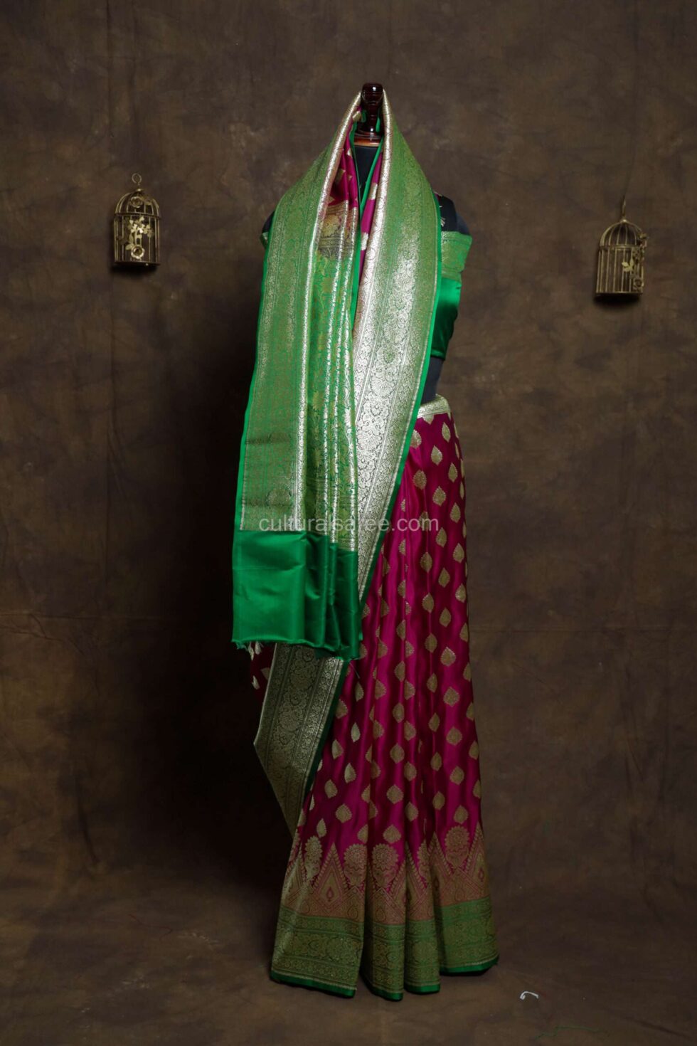 Magenta Minakari Banarasi Satin Saree with beautiful green minakari border