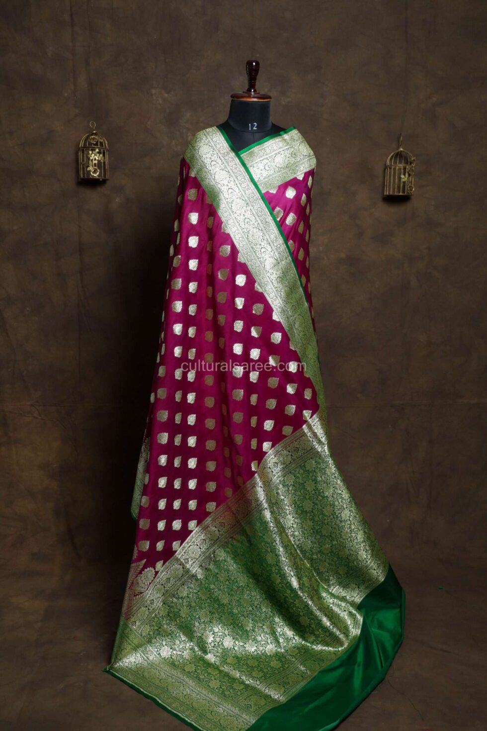 Magenta Minakari Banarasi Satin Saree with beautiful green minakari border and achal
