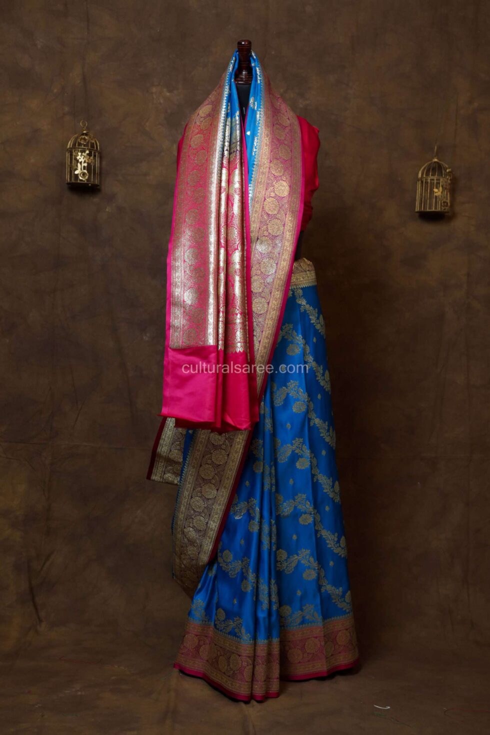 Royal Blue Minakari Banarasi Satin Saree with beautiful jangal jal motifs