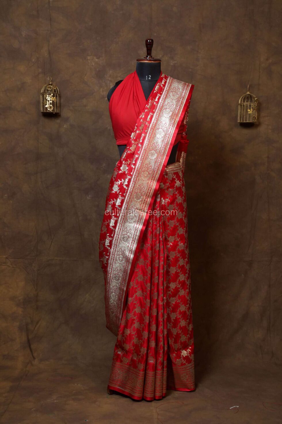 Red Jangla Jal Minakari Banarasi Satin Saree