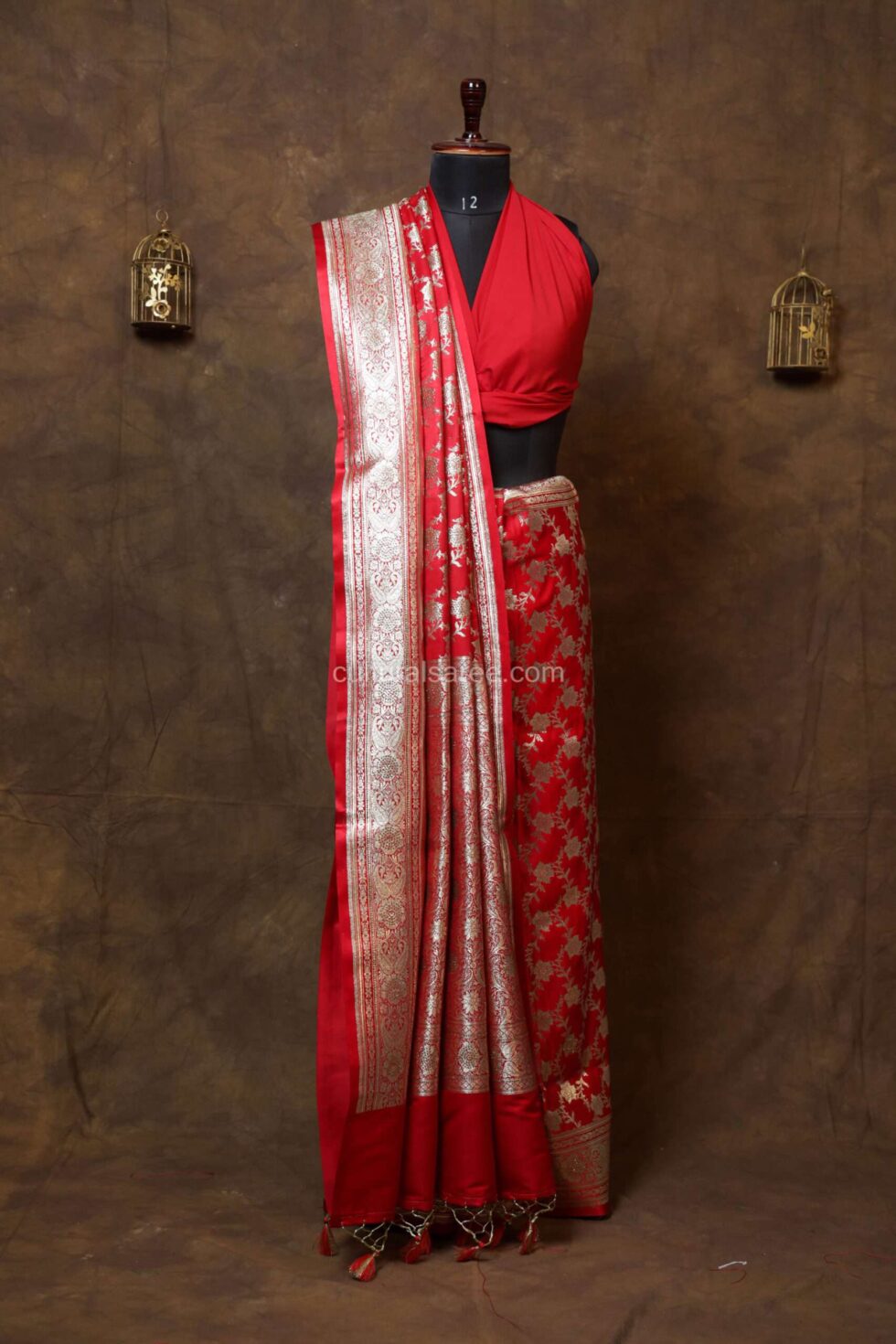 Red Jangla Jal Minakari Banarasi Satin Saree with beautiful floral border