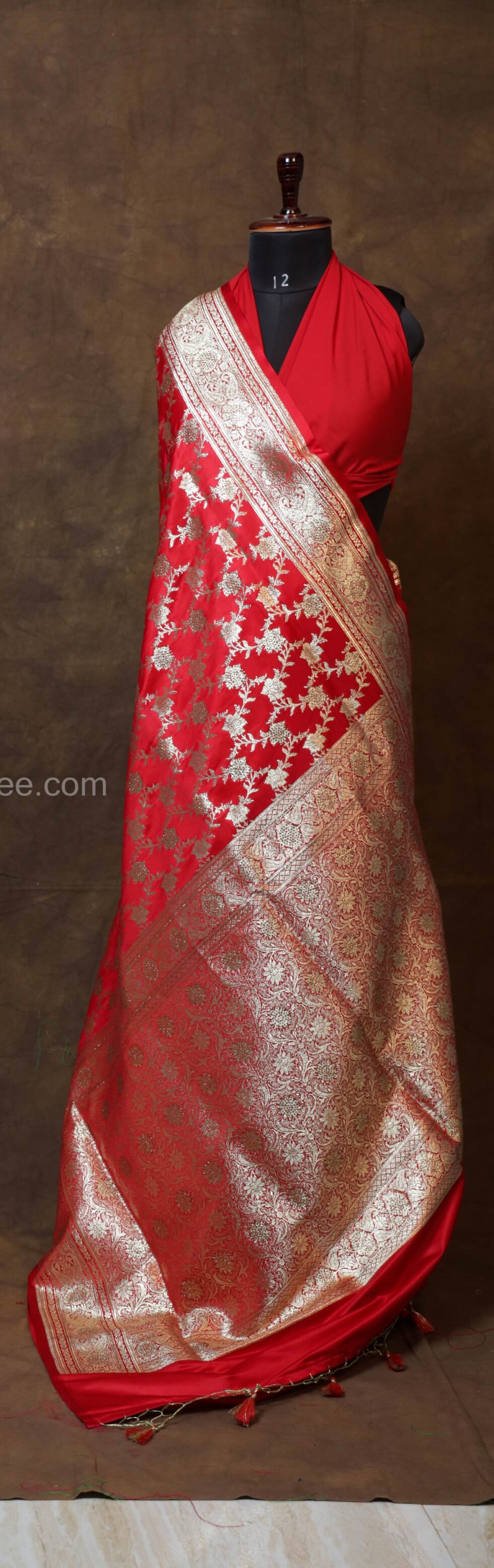 Red Jangla Jal Minakari Banarasi Satin Saree with beautiful floral border and achal