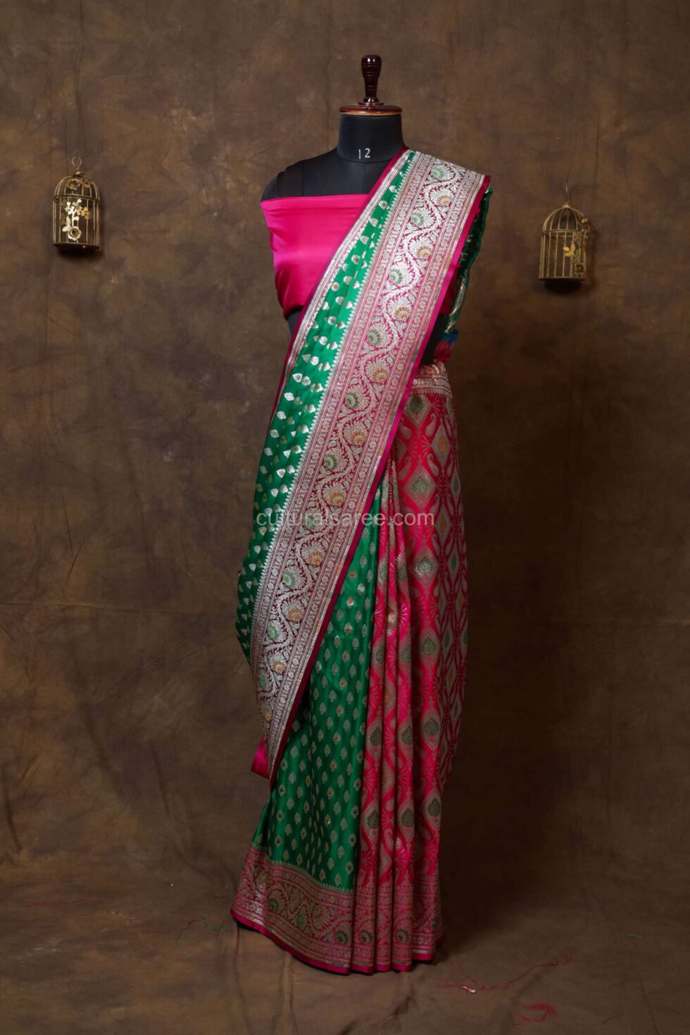 Green and pink banarasi satan saree