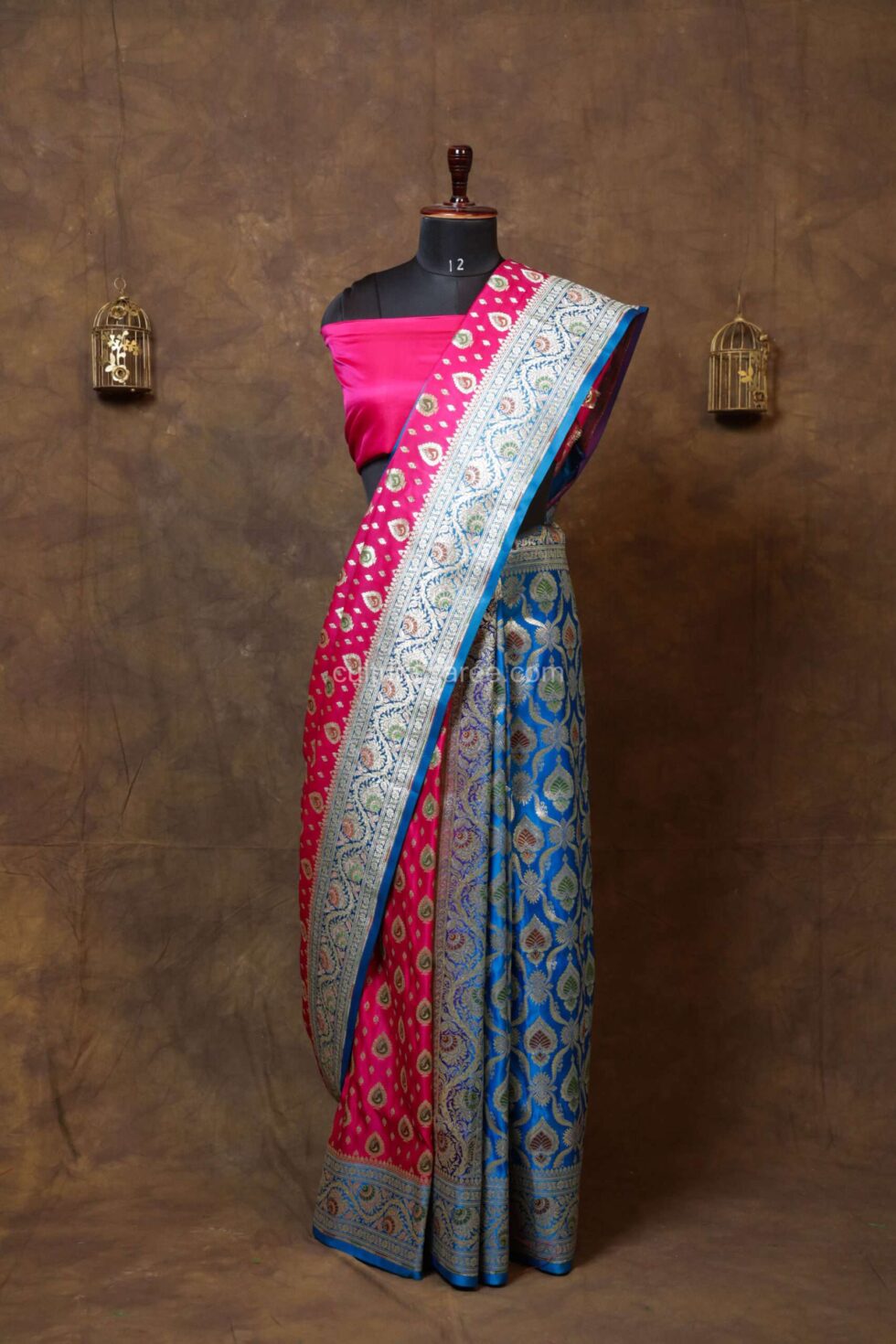 Sky Blue and Pink Partly Minakari Contrast Banarasi Satin Saree