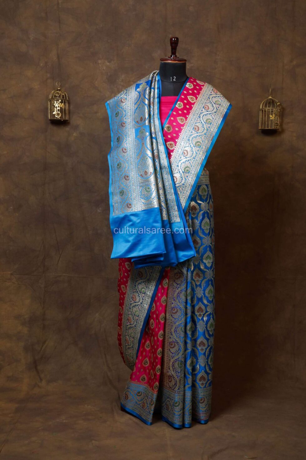 Sky Blue and Pink Partly Minakari Contrast Banarasi Satin Saree with buta and buti motifs