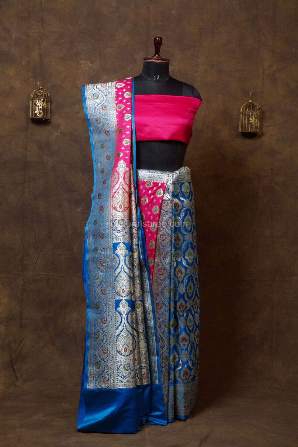 Sky Blue and Pink Partly Minakari Contrast Banarasi Satin Saree with buta and buti motifs on achal and border