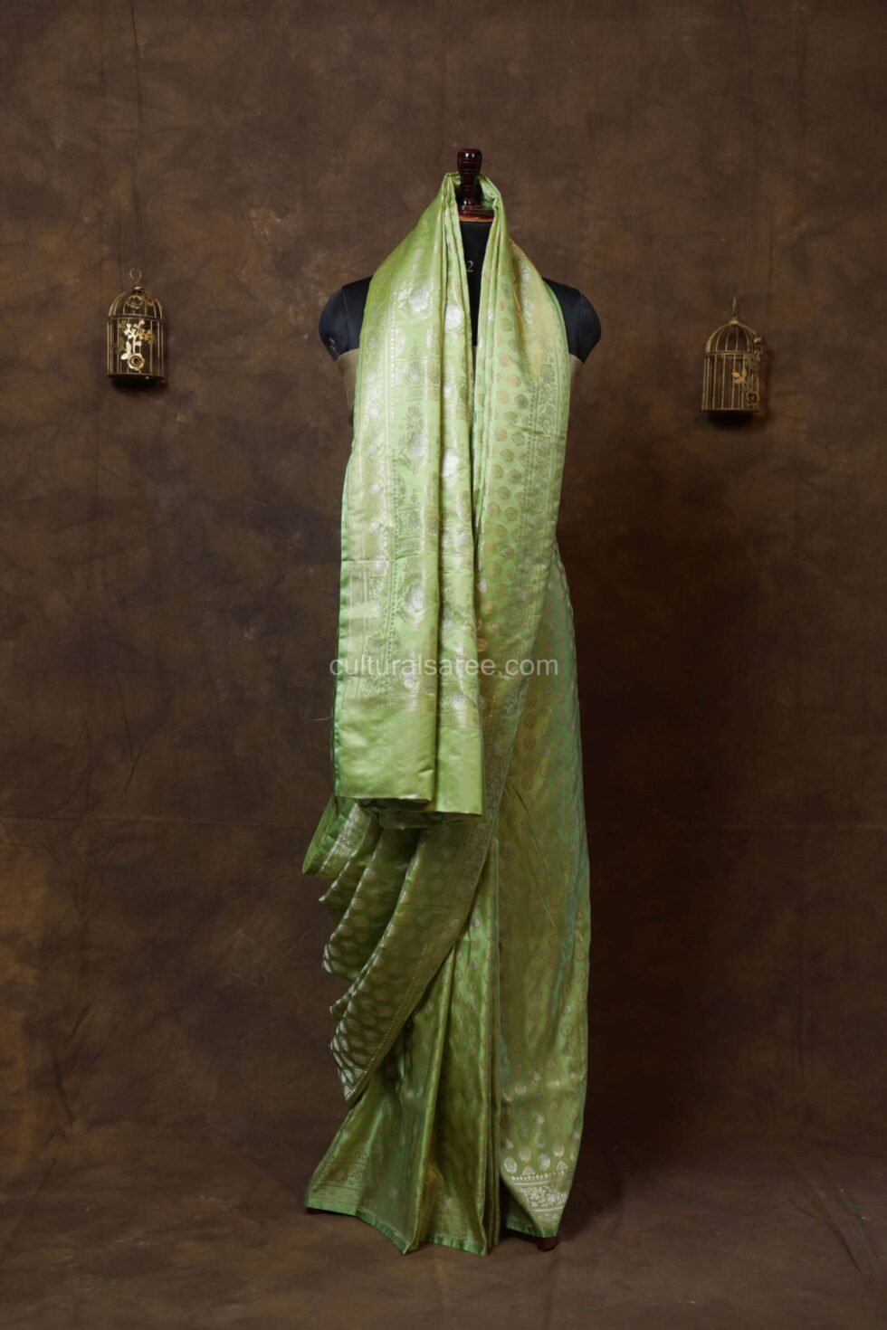 Lime green zariwork silk saree