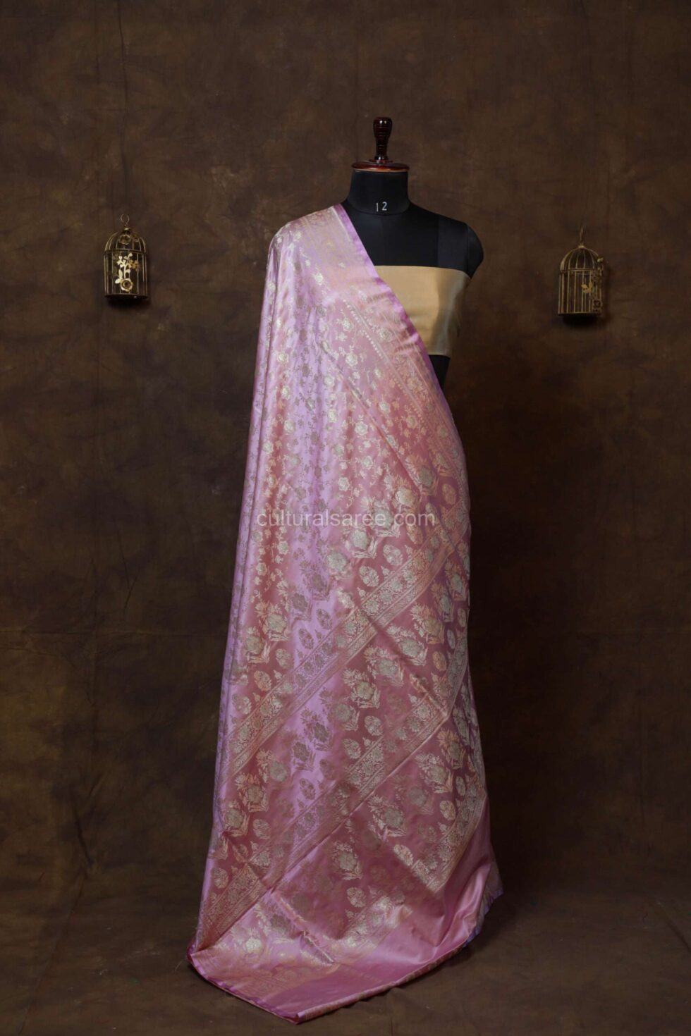 Blush pink banrasi silk jal saree with floral motifs achal