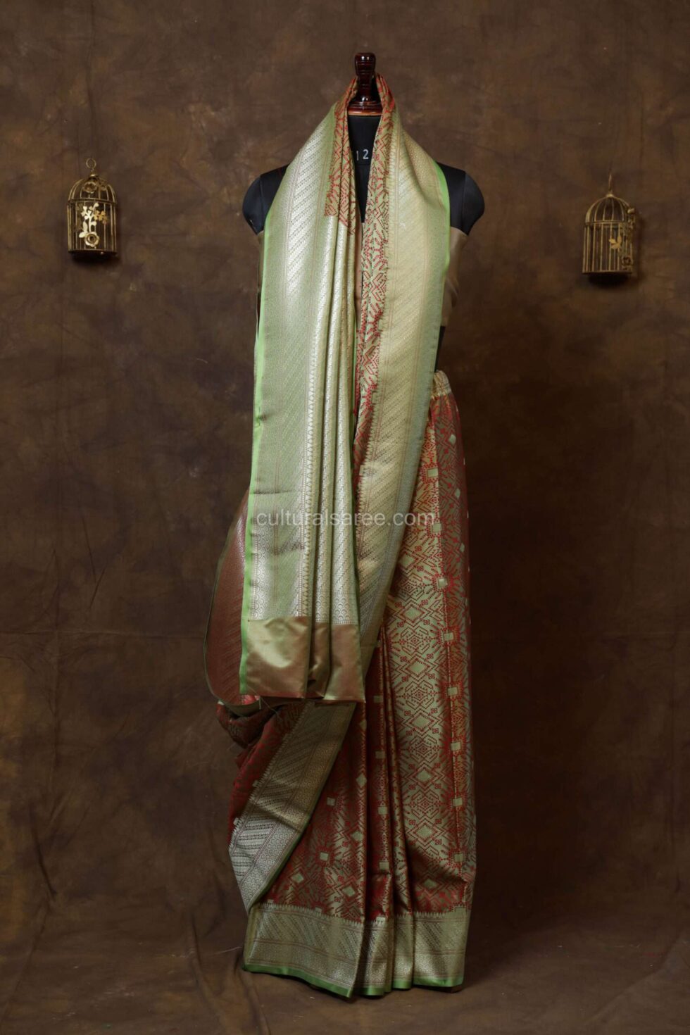 Pastel Green With Red Jal Zariwork Banarasi Silk Saree with beutiful green border