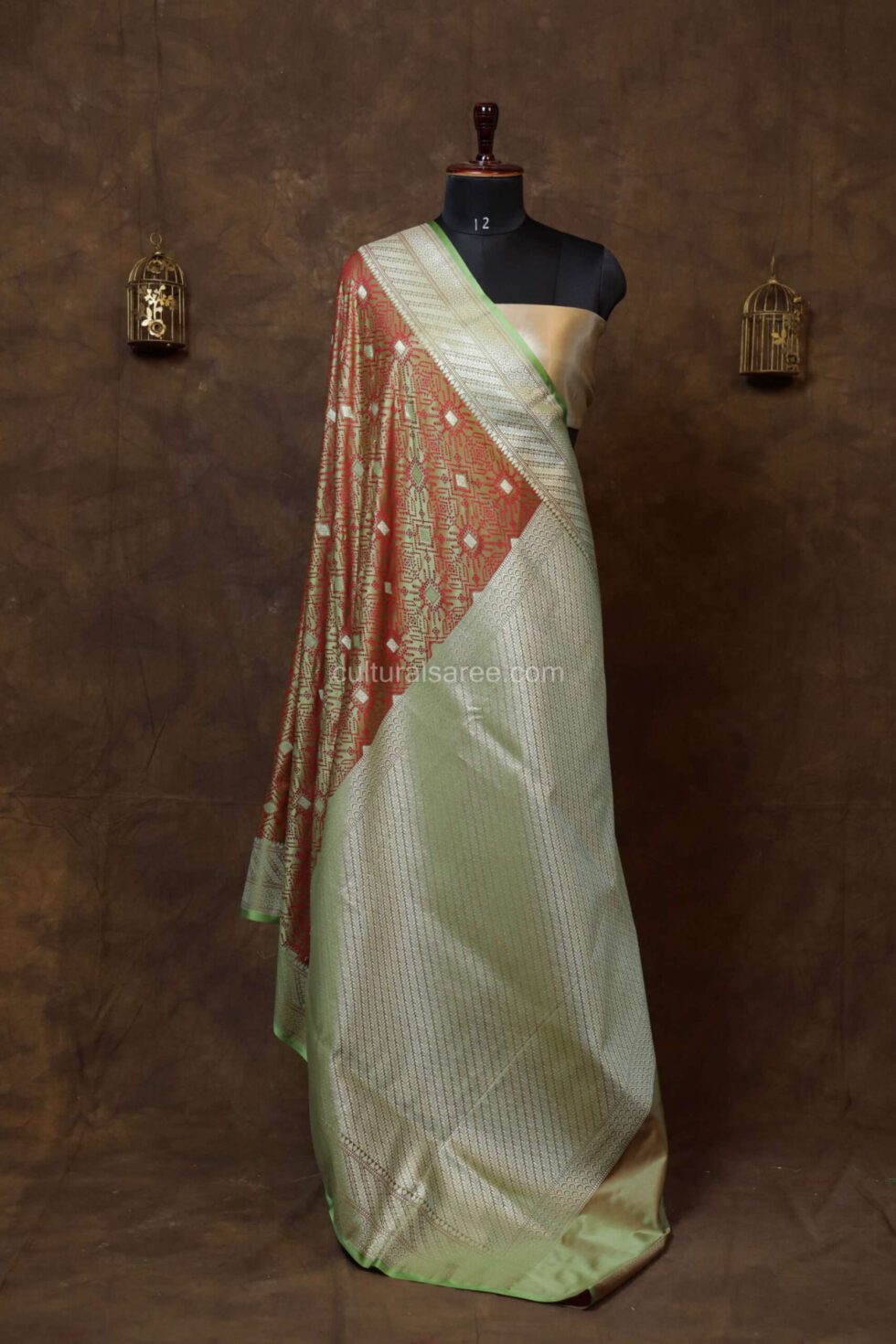 Pastel Green With Red Jal Zariwork Banarasi Silk Saree with beutiful green border and achal