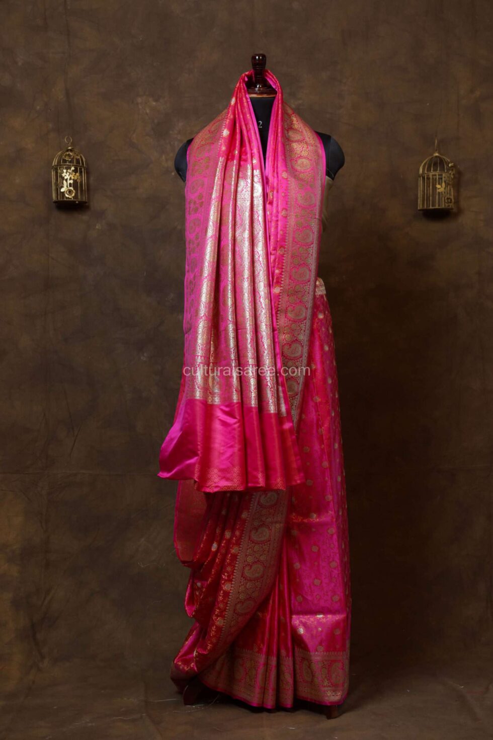 Bright Pink Zariwork Banarasi Silk Saree with beautiful floral motifs border
