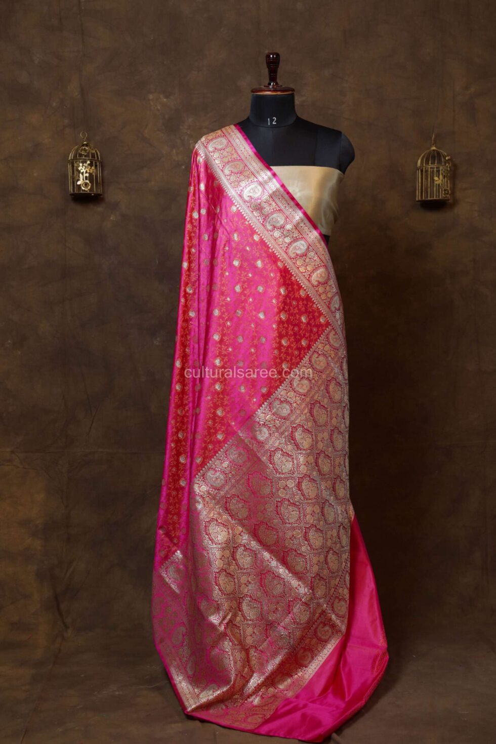 Bright Pink Zariwork Banarasi Silk Saree with beautiful floral motifs border and achal