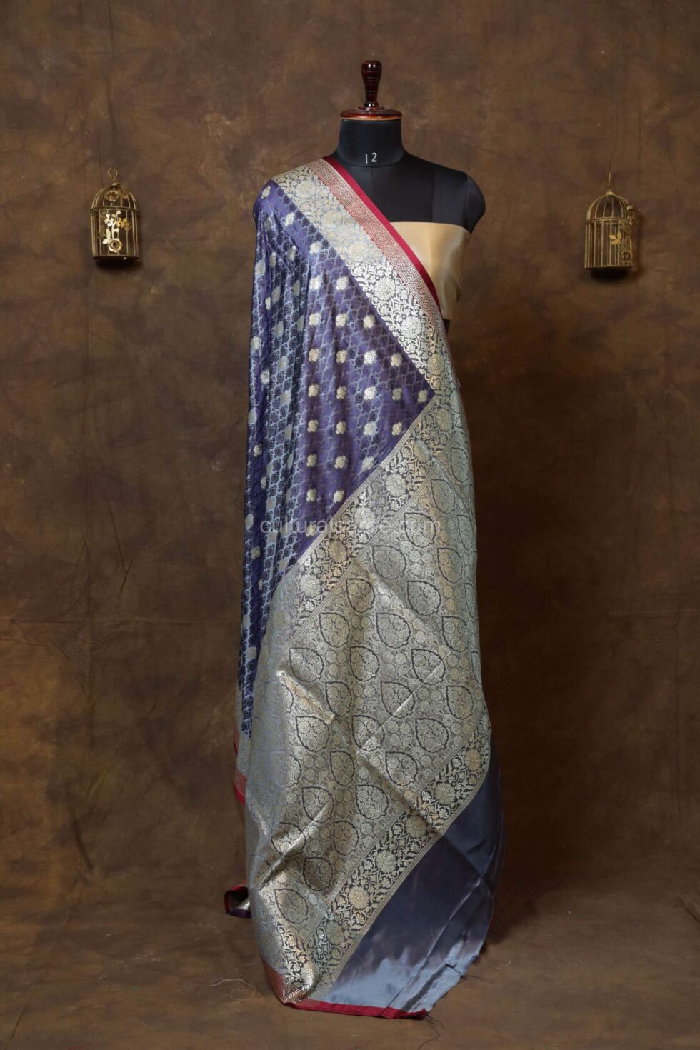 Teal Blue Zariwork Banarasi Jal Silk Saree with floral border and achal