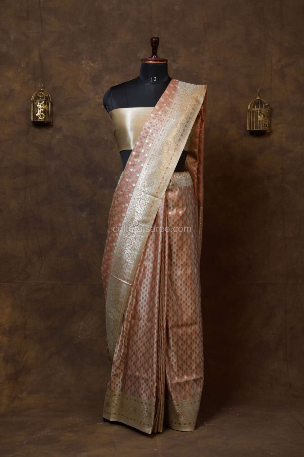 Peach Pink Banarasi rang kart silk saree