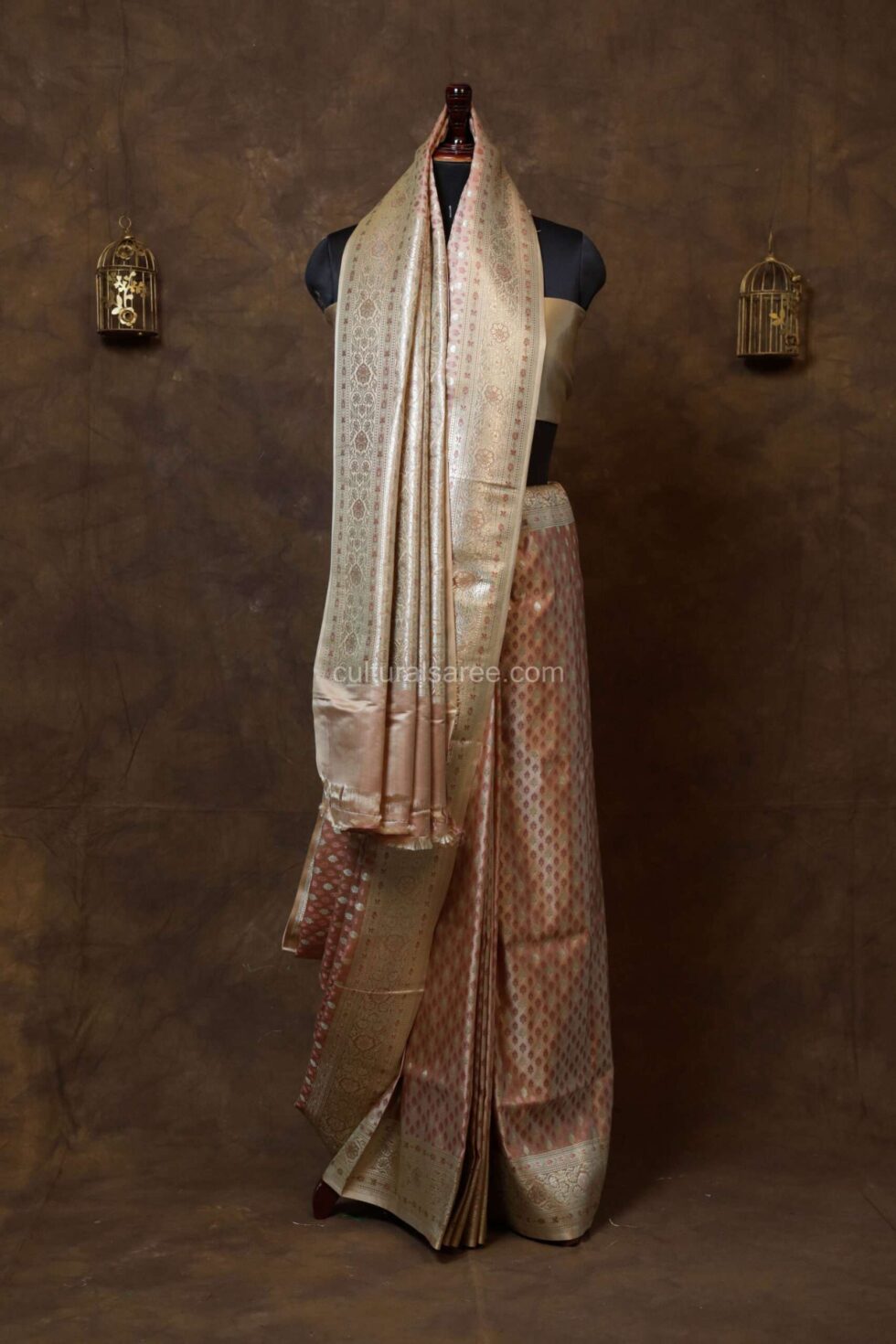 Peach Pink Banarasi rang kart silk saree with silver zari border