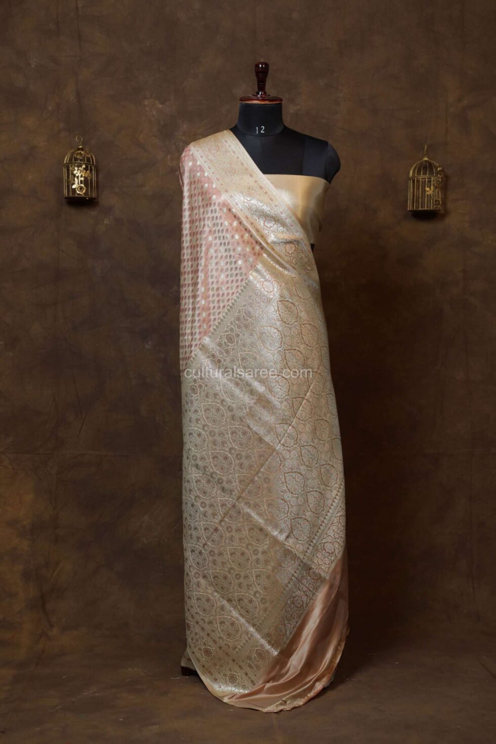 Peach Pink Banarasi rang kart silk saree with silver zari border and Achal