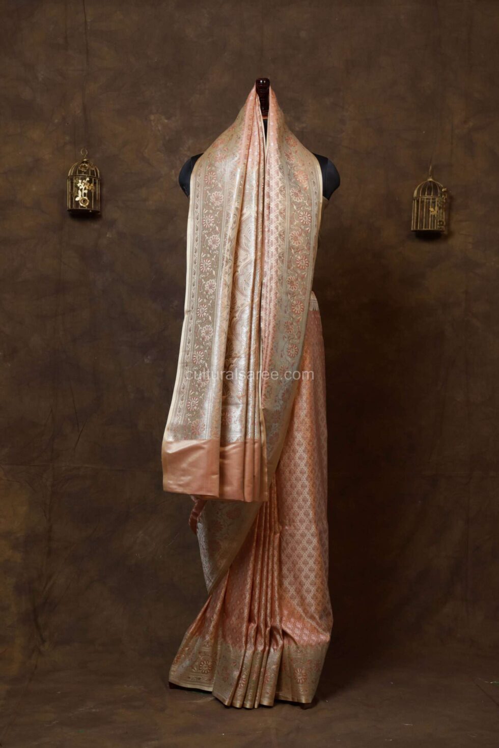 Baby Pink Zariwork Banarasi Silk Saree beautiful floral border