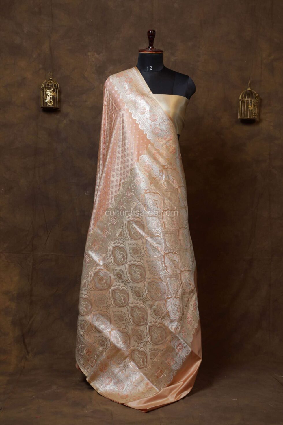 Baby Pink Zariwork Banarasi Silk Saree beautiful floral border and achal