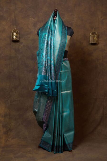 Silver Blue Tanchoi Pure Silk Banarasi Saree with Floral motifs