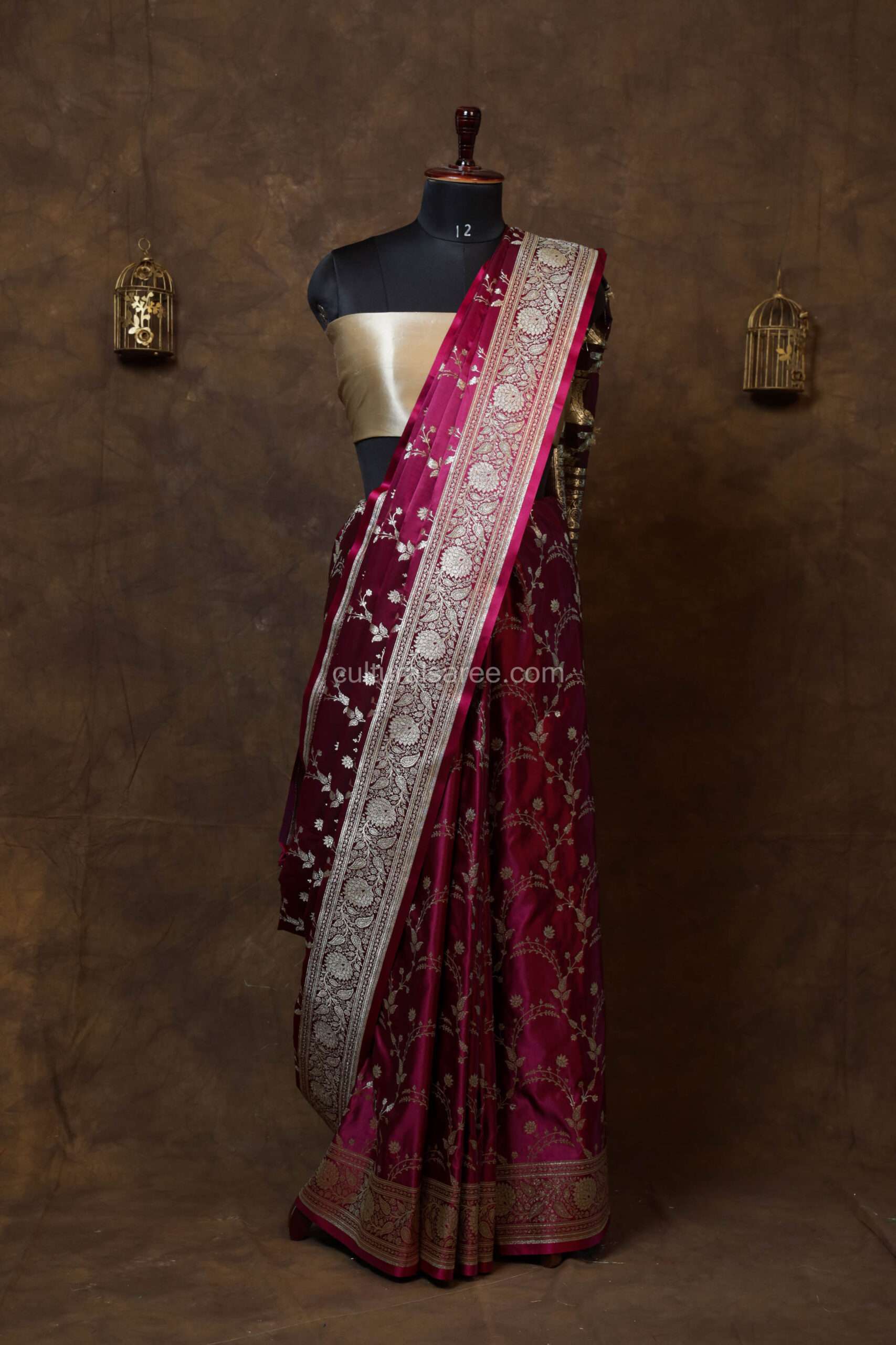 Red color satin Saree with minakari work