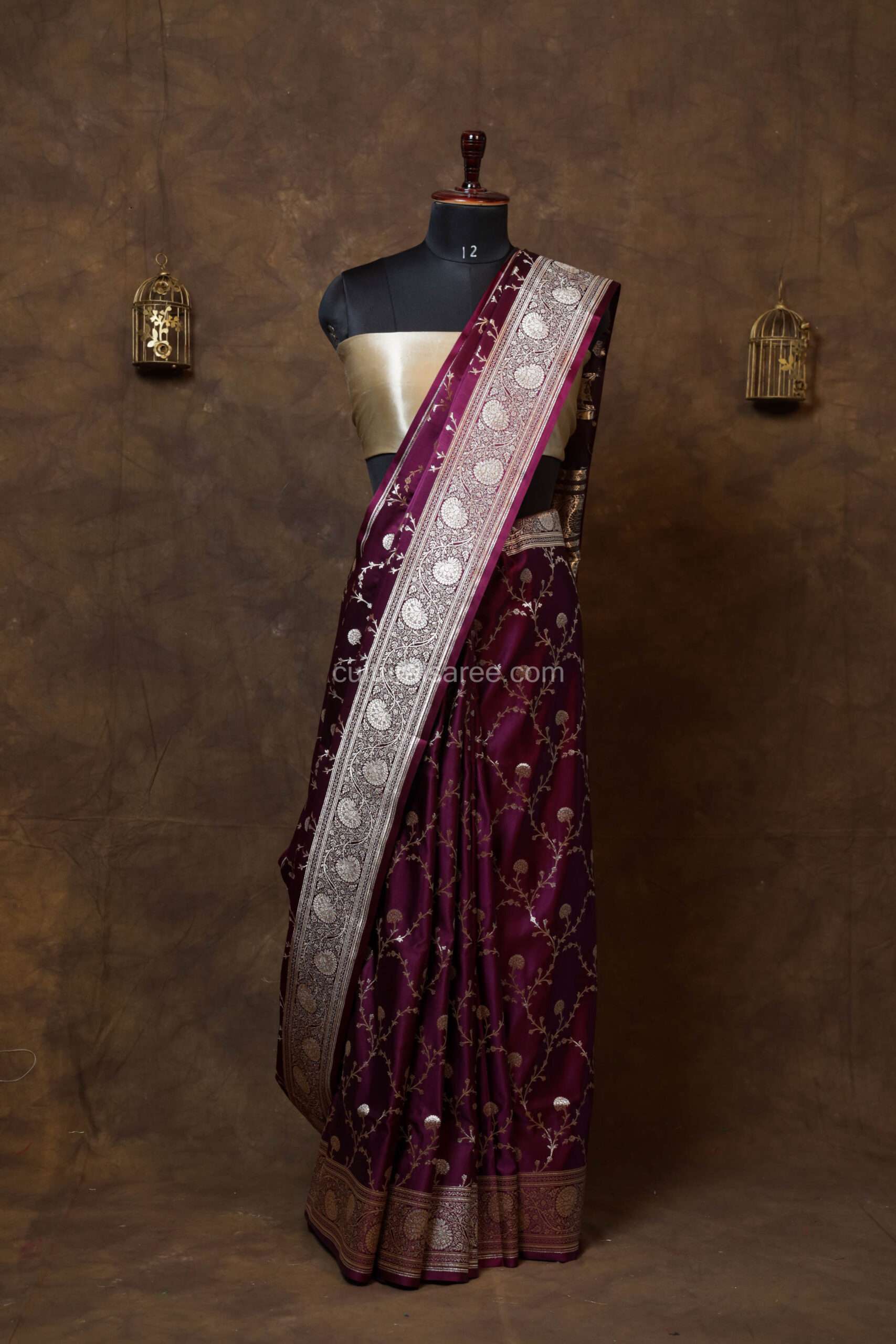 Maroon color banarasi satin contras saree