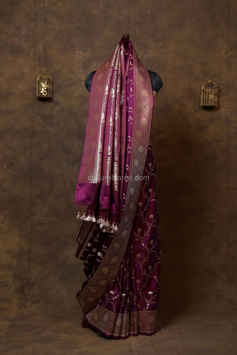 Maroon color satin contras saree
