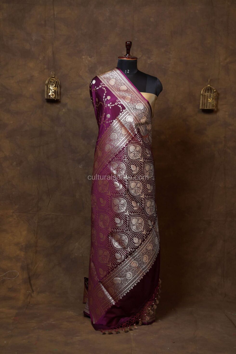 Maroon color satin contras saree