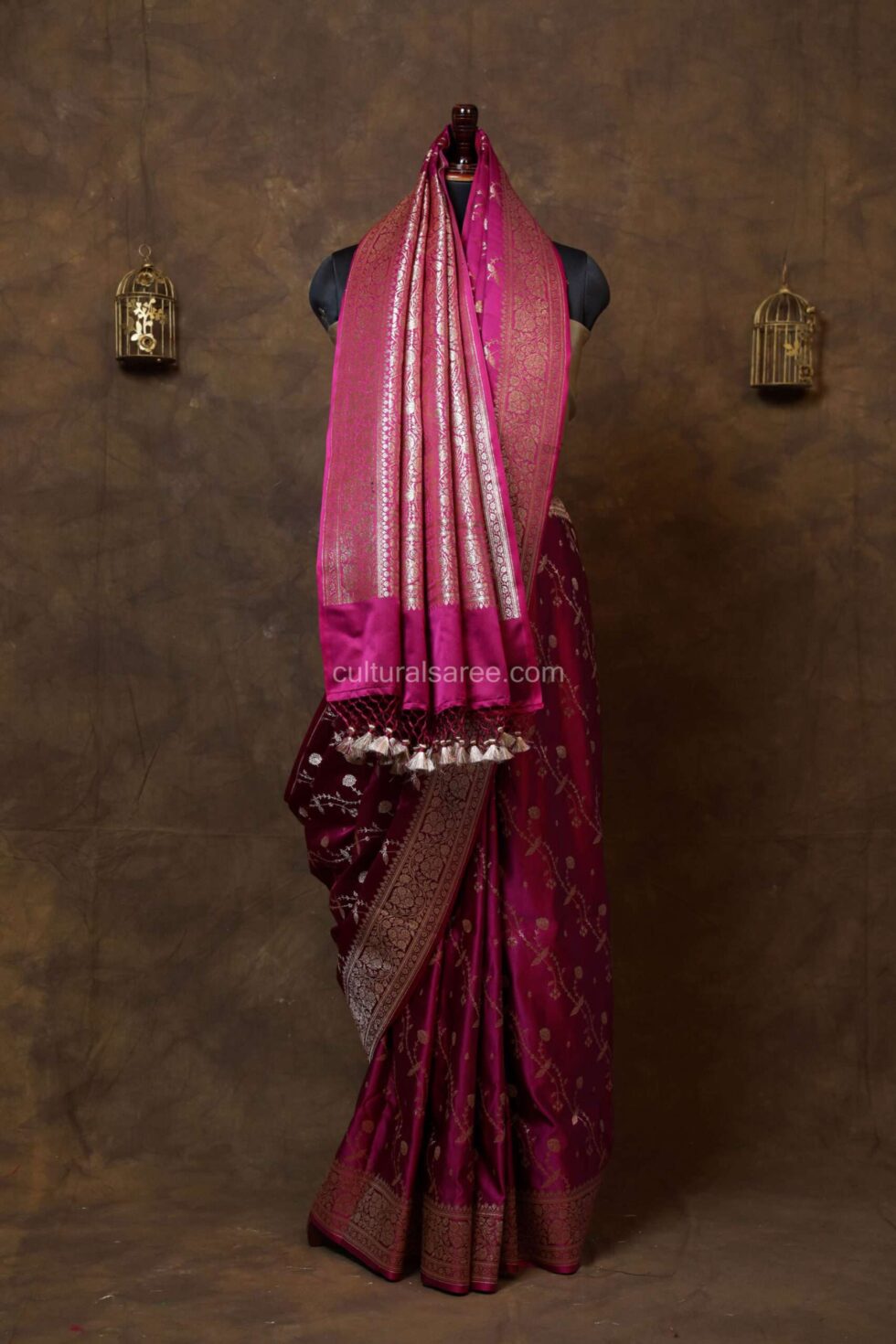 Berry Pink Banarasi Satin Contras Saree