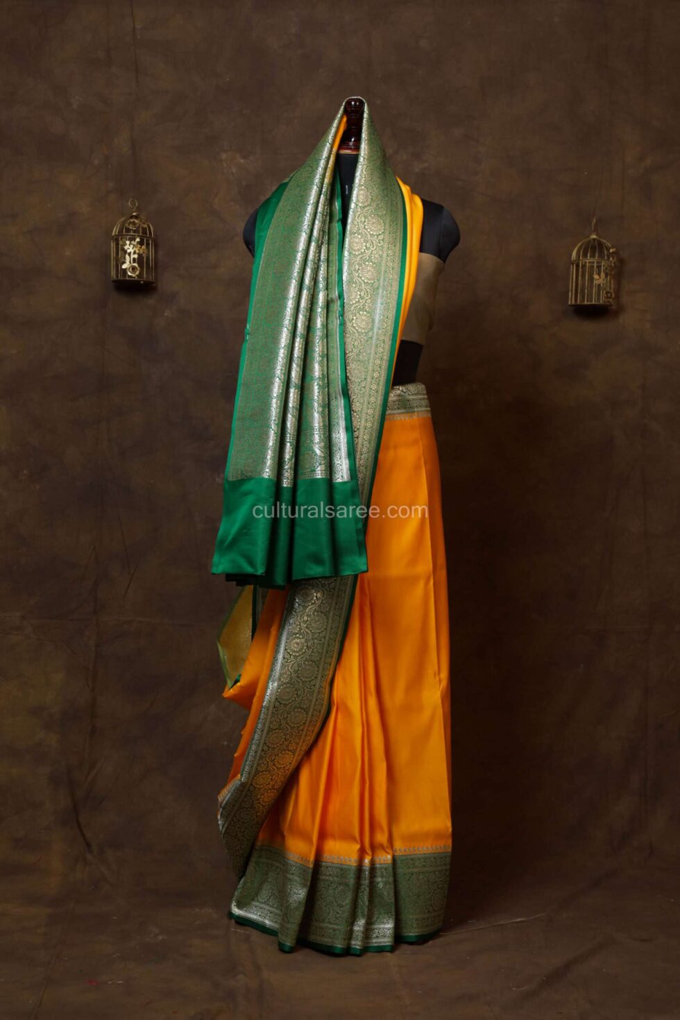 Yellow color Satin plain Saree with loral border