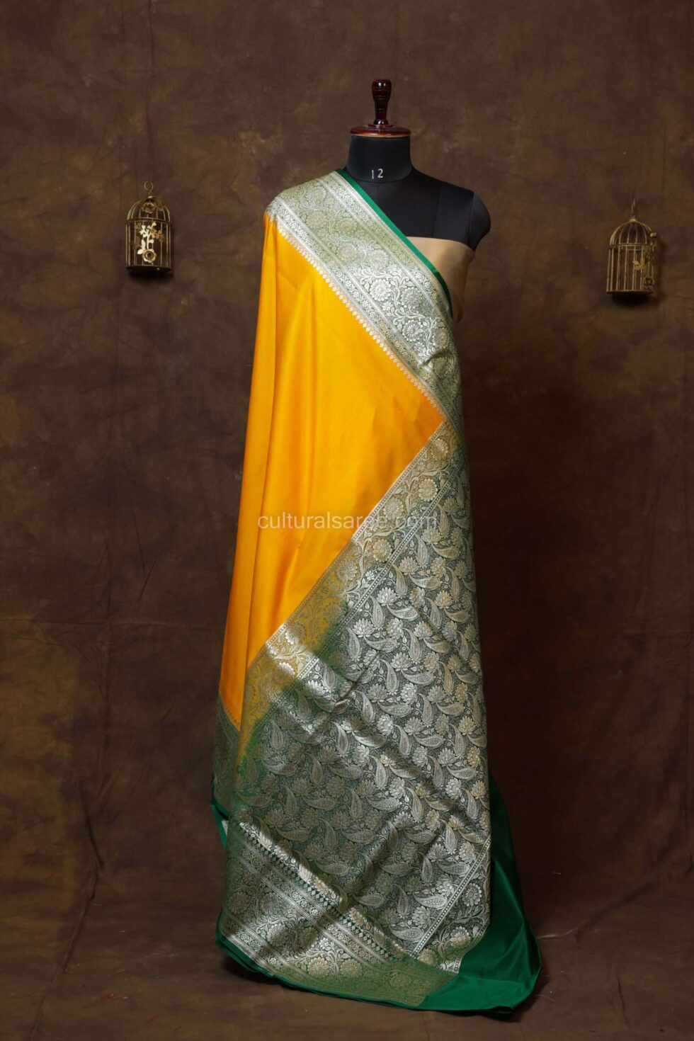 Yellow color Satin plain saree with Floral achal