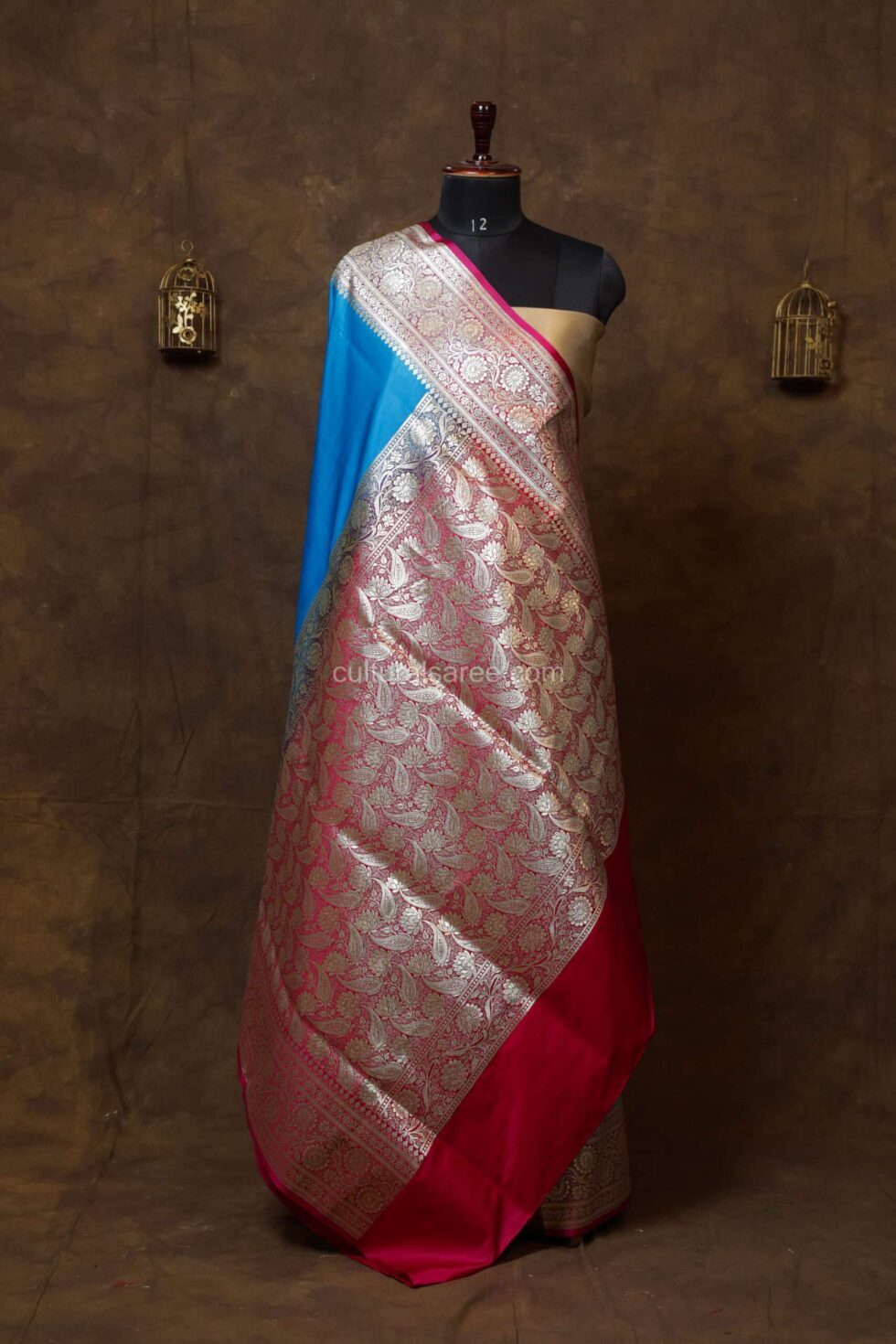 Royal blue banarasi satin plain saree with Floral silver border