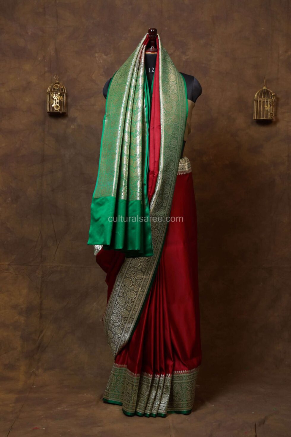 Maroon Banarasi Satin Plain Saree with floral border