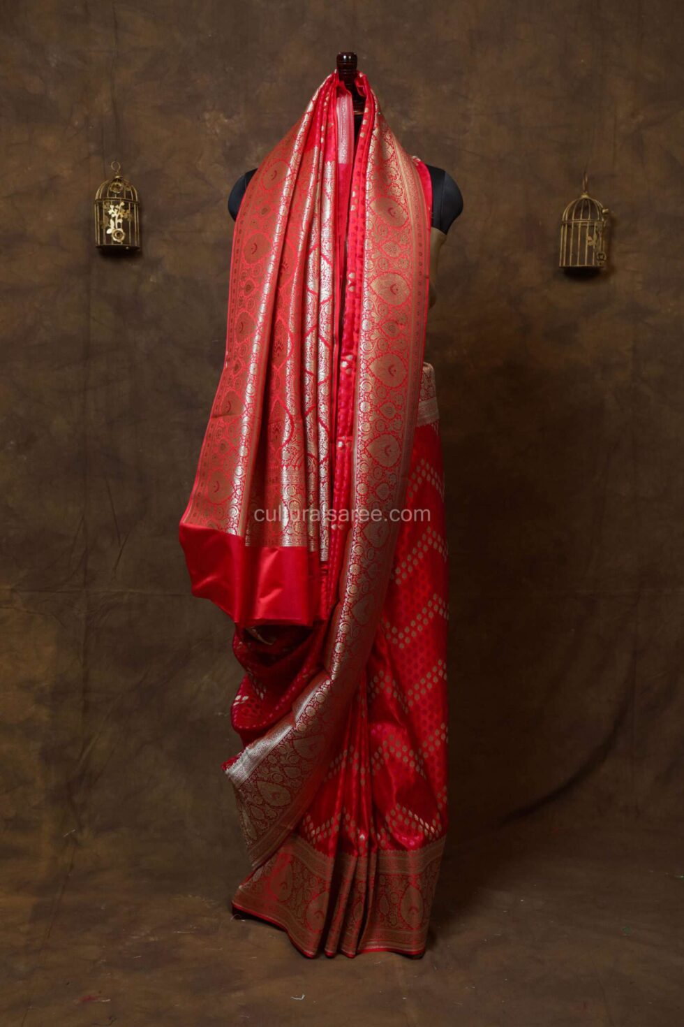 ruby red banarasi rang kart silk saree with silver zari border