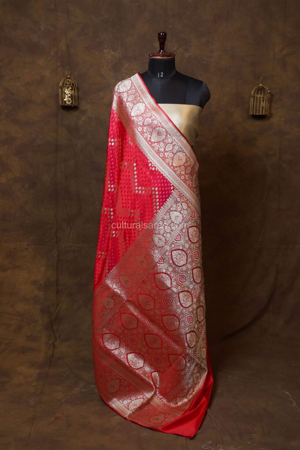 ruby red banarasi rang kart silk saree with silver zari border and achal