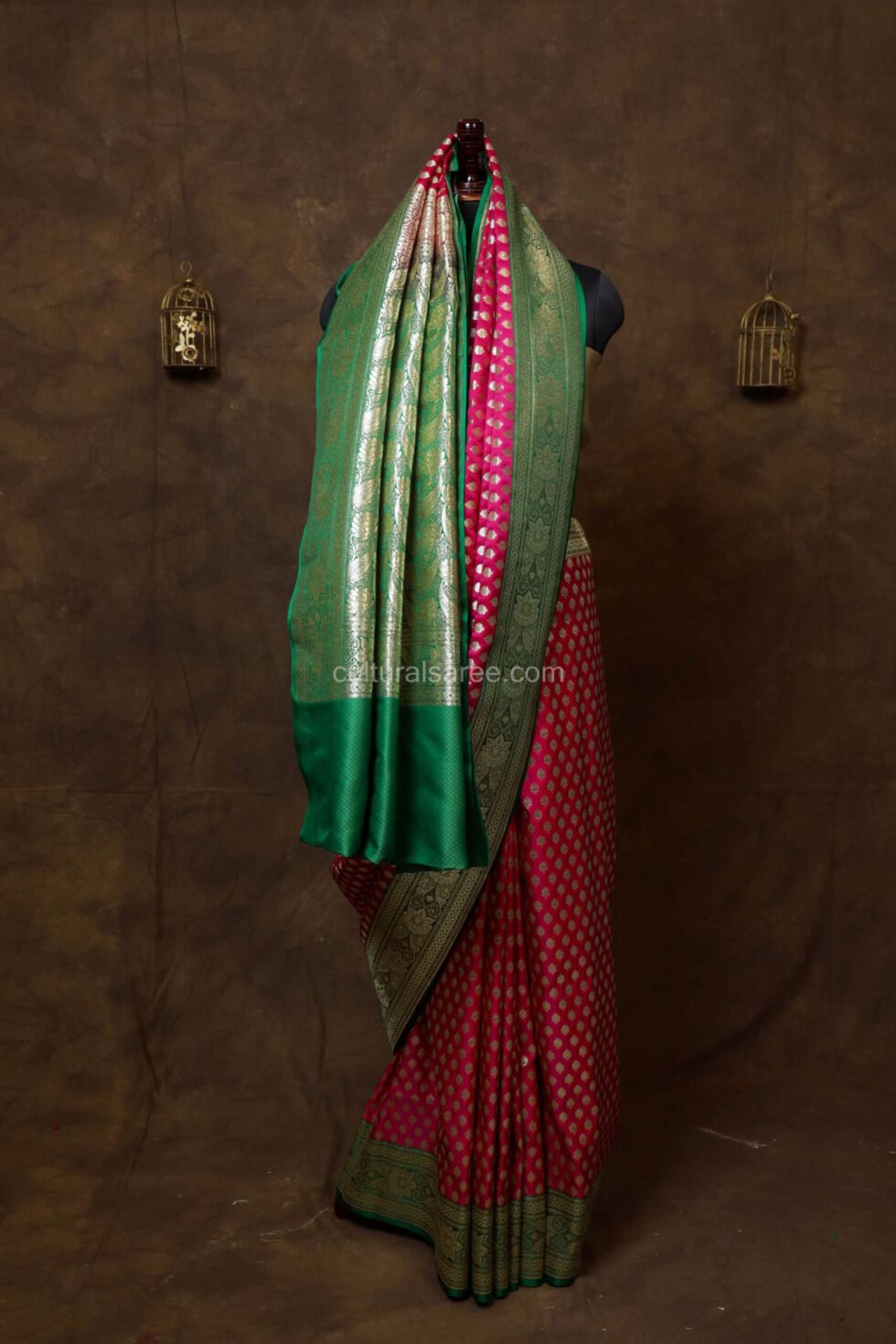 Royal Pink Minakari Banarasi Satin Saree with intricate floral Minakari Border