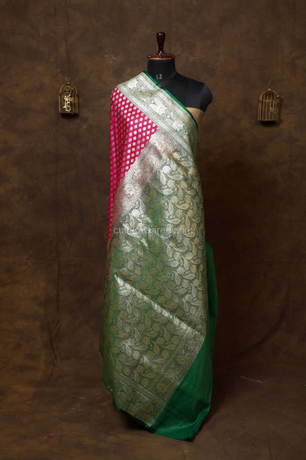 Royal Pink Minakari Banarasi Satin Saree with intricate floral Minakari Border and achal
