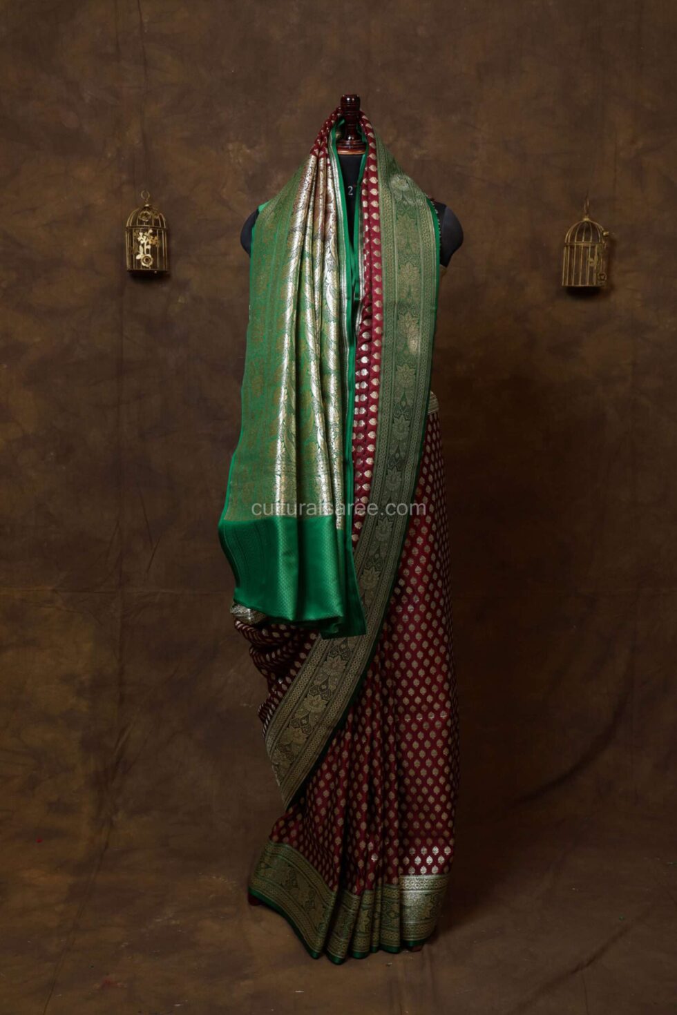 Maroon Minakari Banarasi Satin Saree with gold zari border