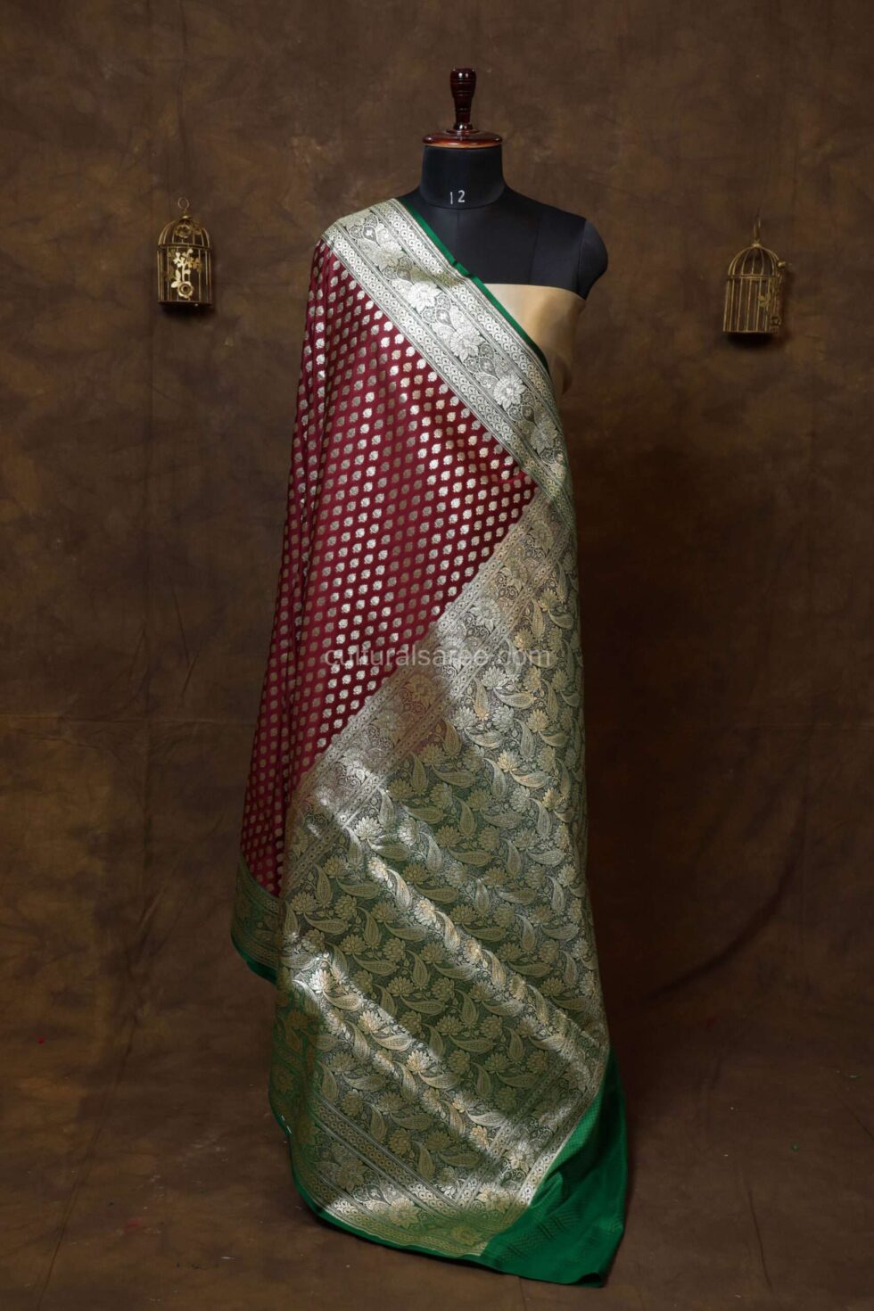 Maroon Minakari Banarasi Satin Saree with gold zari border and achal